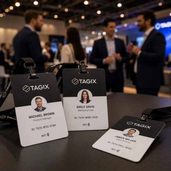 Badges visiteurs NFC TAGIX avec identifiants uniques, présentés lors d’un salon professionnel.