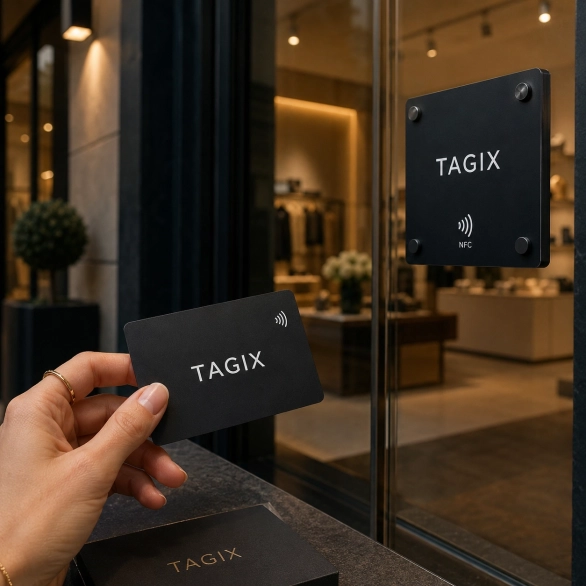 Carte de visite NFC premium TAGIX et plaque NFC vitrine, intégrées à l’entrée d’un commerce pour partager facilement les informations de l’entreprise.