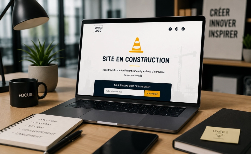 Ordinateur portable sur un bureau professionnel affichant un site internet en construction avec formulaire d’inscription au lancement.