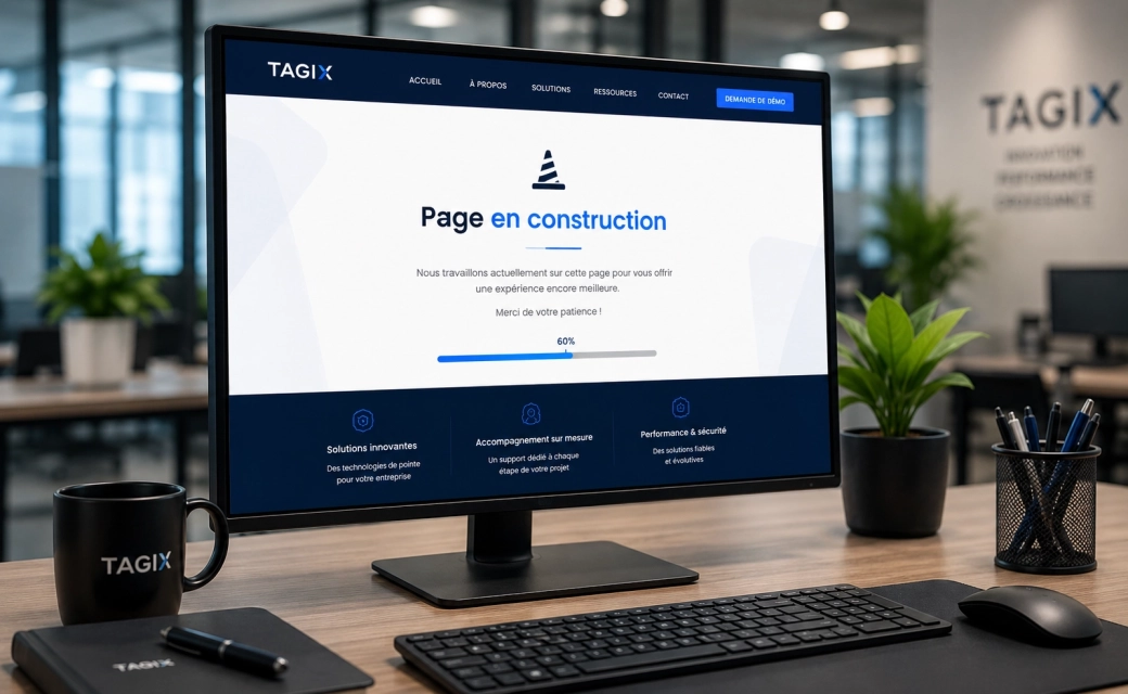Écran d’ordinateur dans un bureau moderne affichant une page web TAGIX en construction.