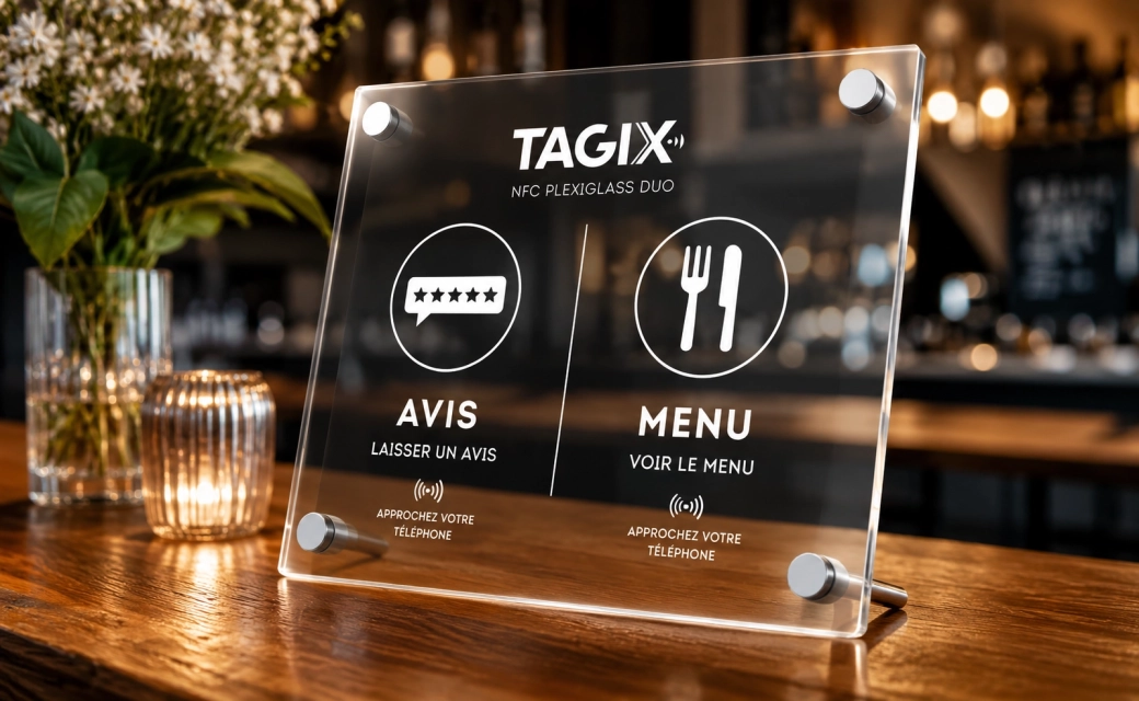 Plaque plexiglass TAGIX recto-verso avec QR code pour les avis clients au recto et les réservations au verso, présentée sur un comptoir d’accueil