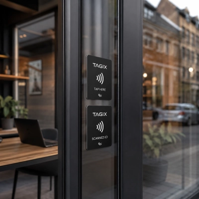 Plaques NFC TAGIX noires installées sur la vitrine d’un commerce moderne, pour guider les visiteurs vers des informations accessibles par smartphone.