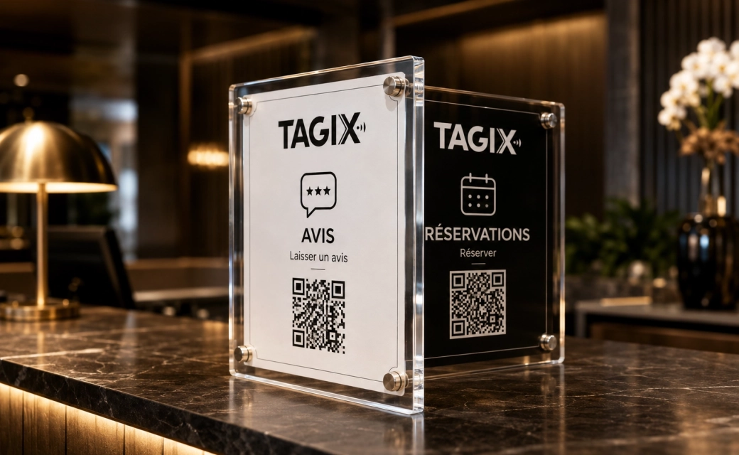 Plaque NFC plexiglass duo TAGIX dans un restaurant, avec deux accès distincts pour laisser un avis ou consulter le menu
