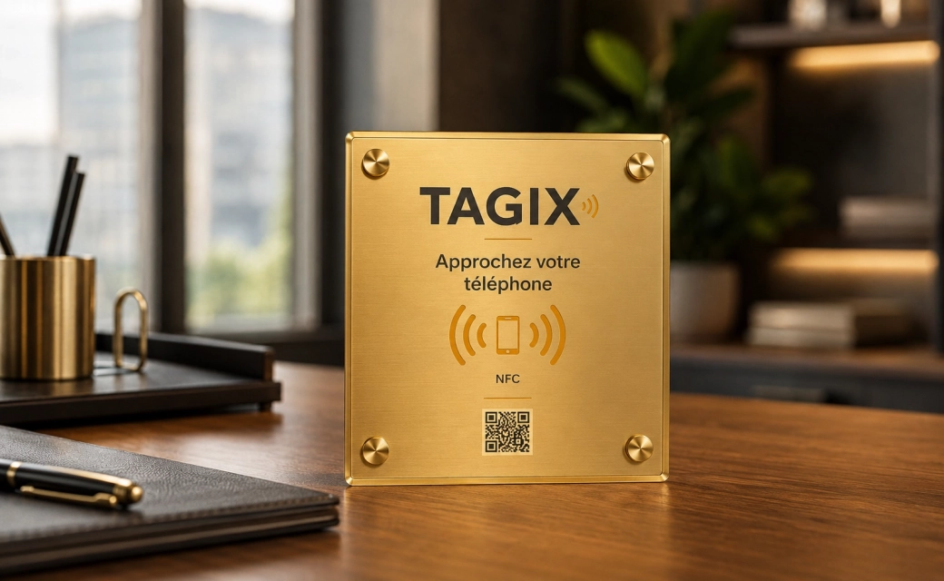 Plaque NFC TAGIX en or brossé présentée sur un comptoir d’accueil haut de gamme avec QR code.