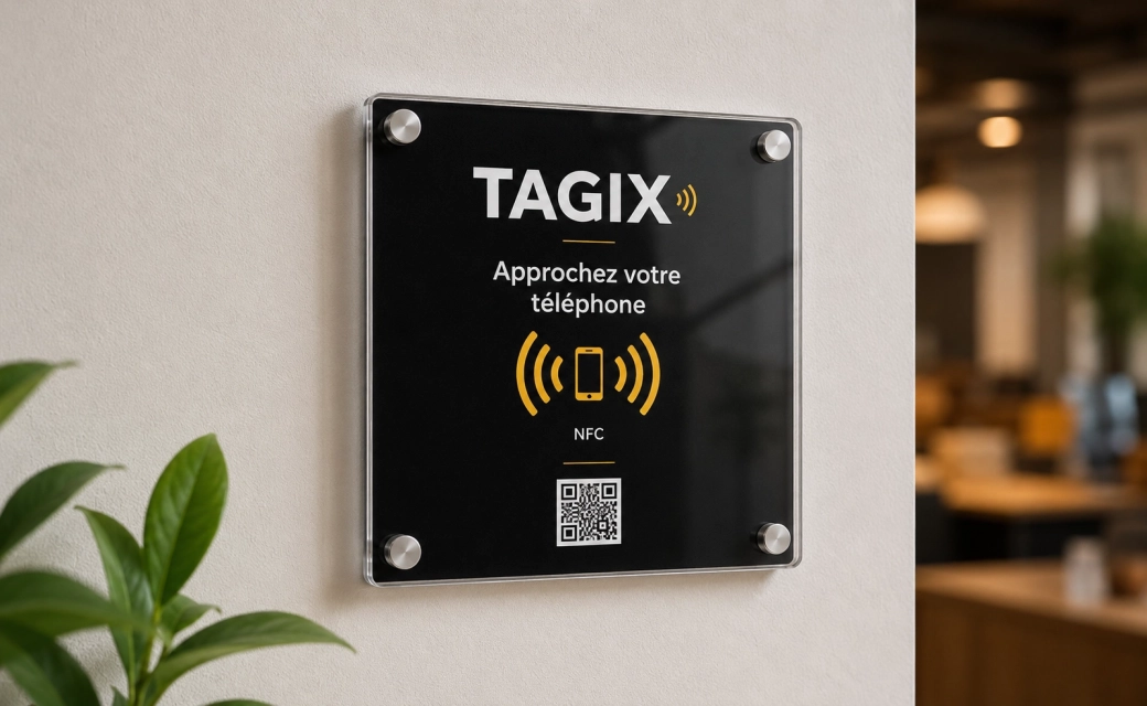Plaque NFC en plexiglass TAGIX 120 x 120 mm posée sur un bureau et approchée avec un smartphone.