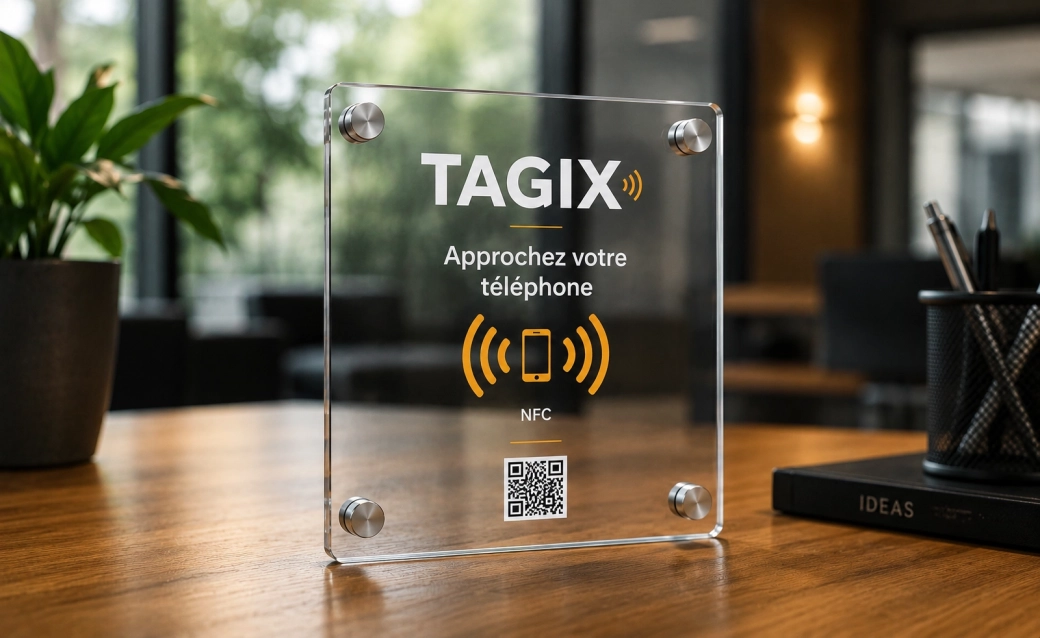 Plaque NFC plexiglass TAGIX 140 x 140 mm sur un bureau professionnel, avec instructions pour approcher un téléphone