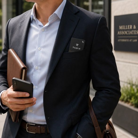 Carte NFC TAGIX glissée dans la poche d’un professionnel en déplacement, pour partager ses coordonnées lors d’un rendez-vous extérieur.