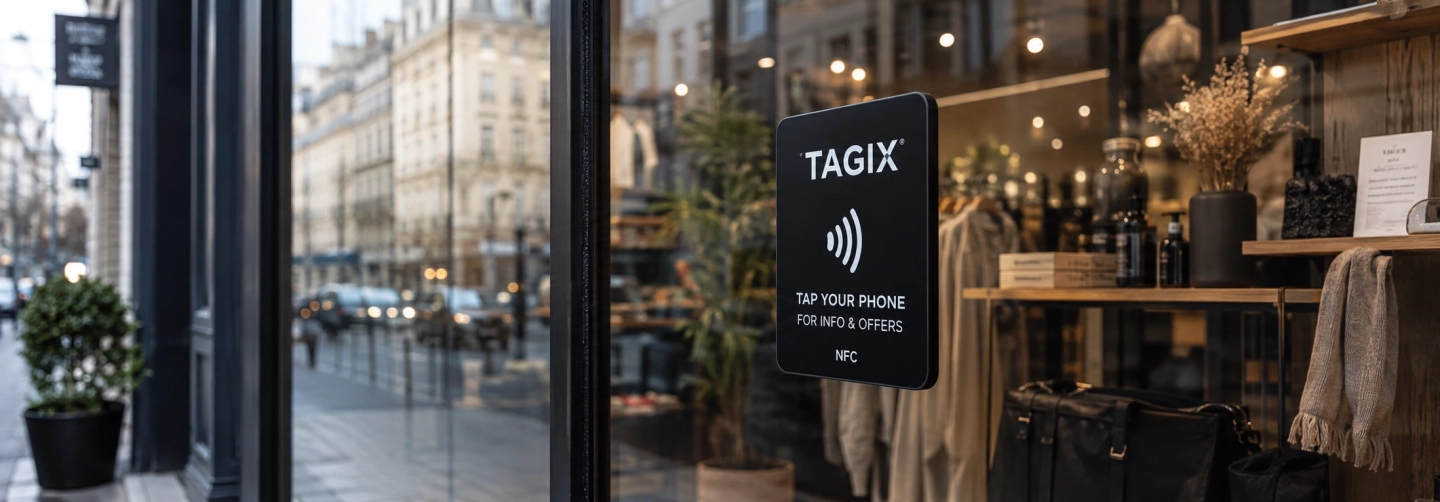 Plaque NFC TAGIX collée sur la vitrine d’un commerce, permettant d’accéder aux informations et offres avec un smartphone.