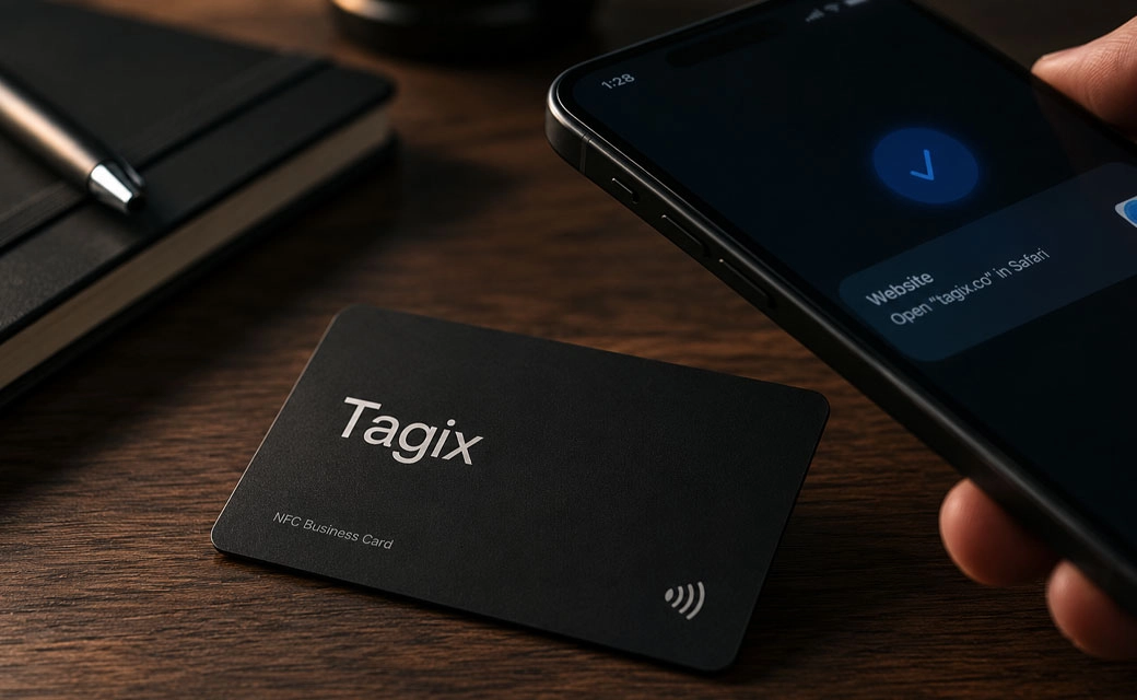 Remise d'une carte de visite NFC noir mat lors d'un rendez-vous d'affaires haut de gamme
