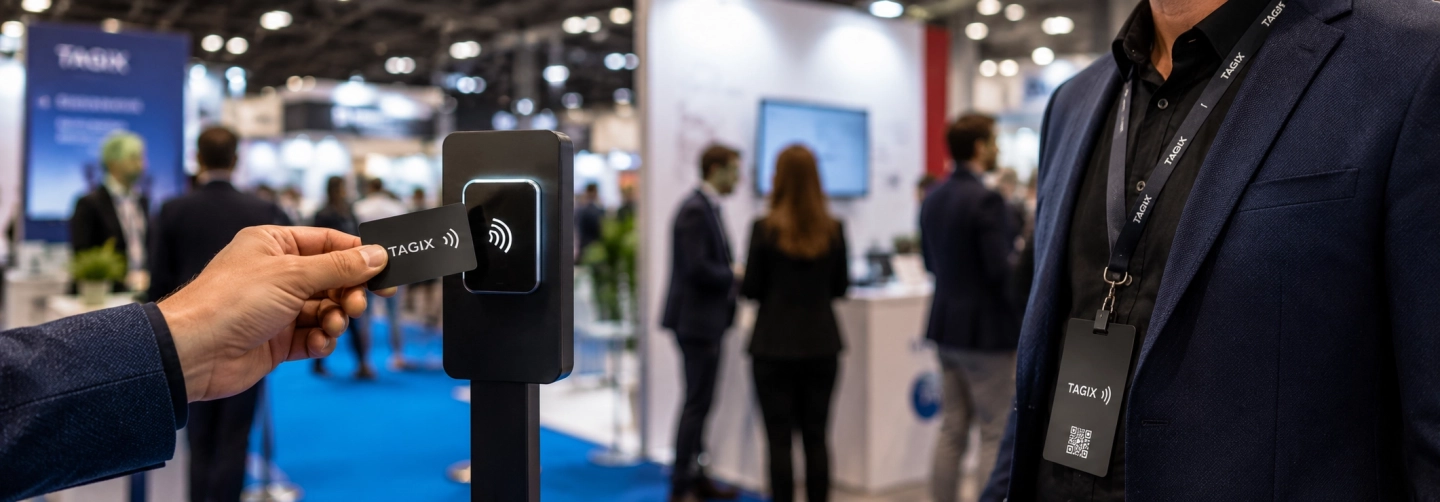 Carte NFC TAGIX utilisée à l’entrée d’un salon professionnel, avec badge participant et lecteur sans contact.