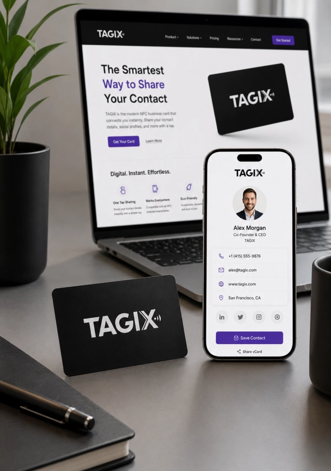 Carte NFC TAGIX sur un bureau, associée à une vCard digitale affichée sur smartphone et à un site internet présenté sur ordinateur portable
