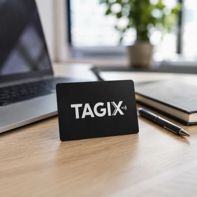 Carte NFC TAGIX en PVC noire posée sur un bureau de travail moderne, avec ordinateur portable, carnet et stylo.