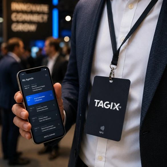 Badge NFC TAGIX porté par un participant à un événement professionnel, avec smartphone affichant son agenda personnalisé et ses sessions sélectionnées.