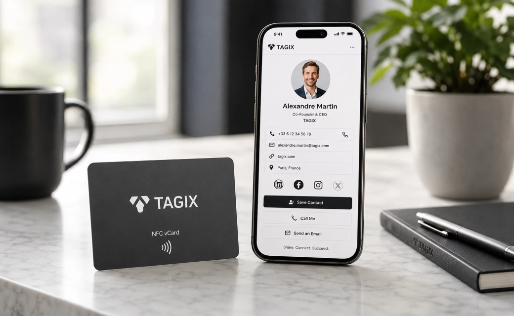 Carte NFC vCard TAGIX noire posée à côté d’un smartphone présentant une page web personnelle avec photo, coordonnées, liens et boutons de contact