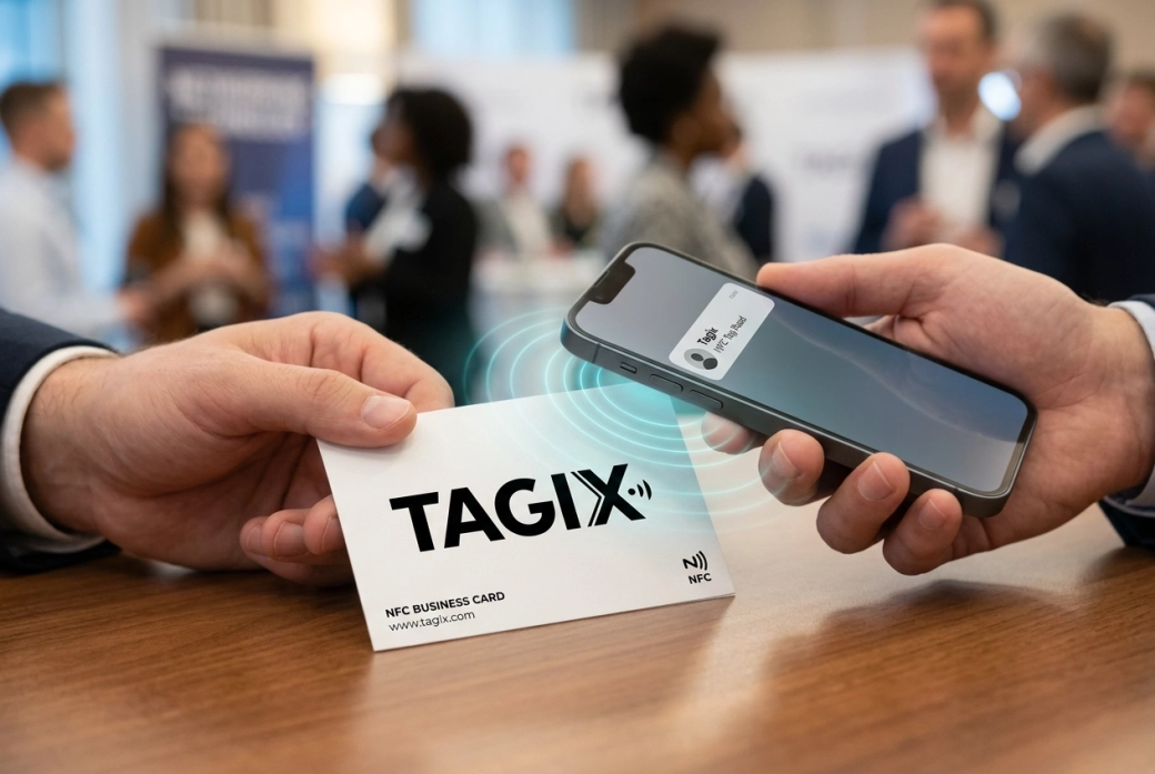 Échange de carte de visite NFC en PVC entre deux professionnels lors d'un rendez-vous d'affaires