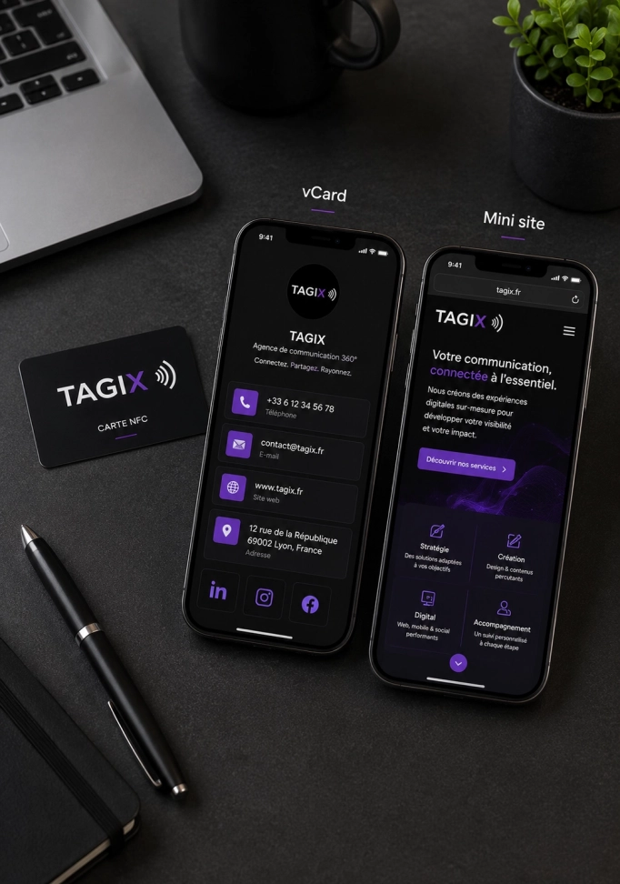 CarteNFC TAGIX noire avec un téléphone affichant une VCARD et un mini-site