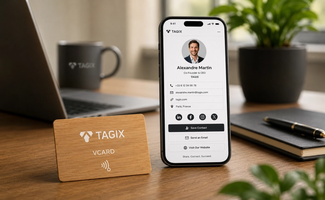 Carte NFC vCard TAGIX en bois avec smartphone affichant une fiche contact digitale comprenant photo, coordonnées, fonction, réseaux sociaux et liens.