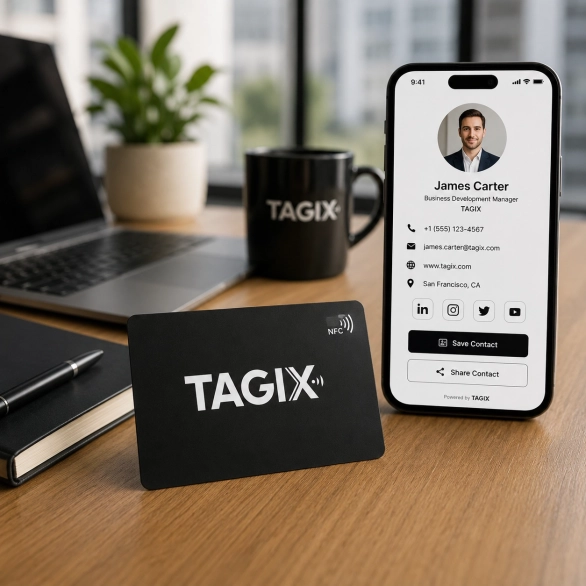 Carte NFC vCard TAGIX noire mise en avant sur un bureau, avec smartphone affichant une fiche contact digitale.